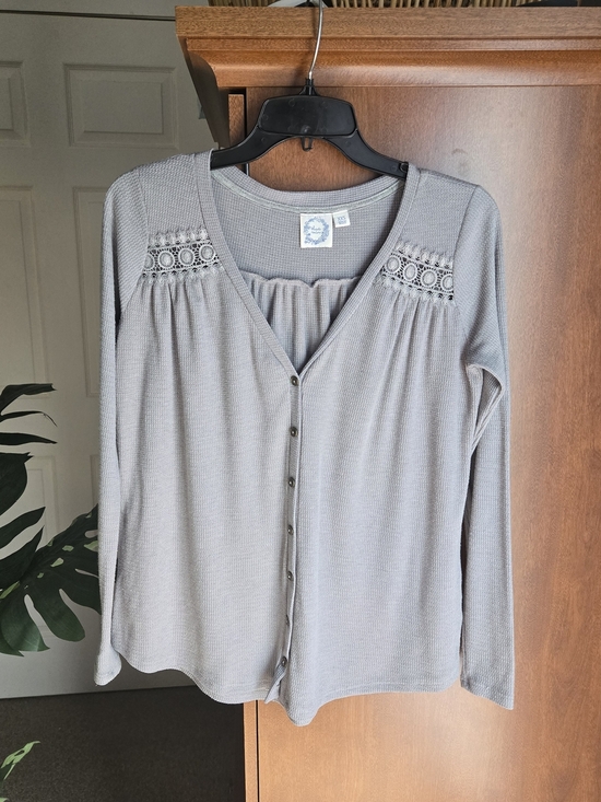 Blue Rain Sweaters - Blue Rain Gray Lace-Yoke Button Front Waffle Knit Top